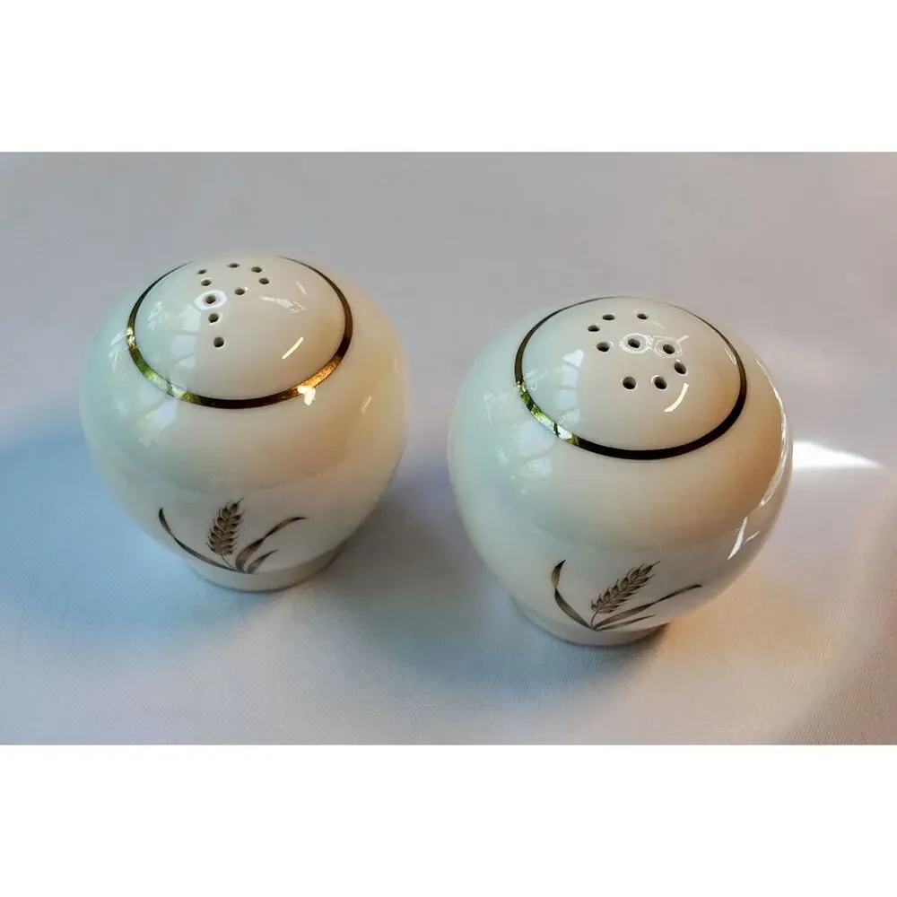 Vintage MCM Wheat Salt and Pepper Shakers Cream Porcelain Gold Trim Functional